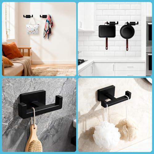 Double Towel Hook, Wall Mount, Matte Black | 304 Stainless Steel, Rust-Resistant, 2-Prong, 2.76" Hook Depth, for Bathroom/Kitchen/Pool, Rectangular Grip Prevents Slipping