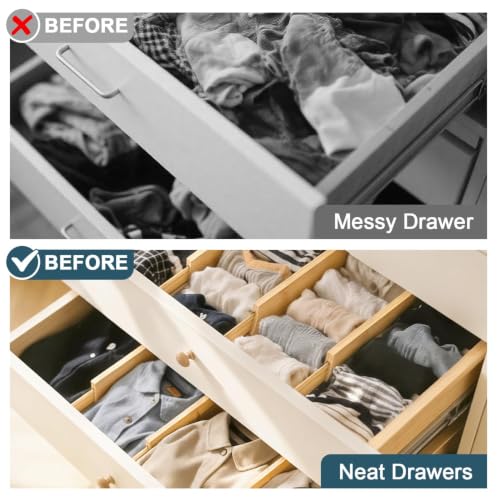 Lzerking Bamboo Drawer Dividers 4.65" High, Adjustable Dresser Drawer Organizers, 12-17.5" Expandable Deep Kitchen Drawer Divider for Dresser, Closet, Kitchen, Bedroom, Bathroom, 6 Pack
