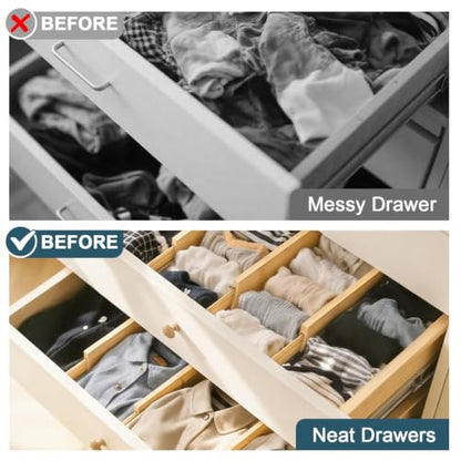 Lzerking Bamboo Drawer Dividers 4.65" High, Adjustable Dresser Drawer Organizers, 12-17.5" Expandable Deep Kitchen Drawer Divider for Dresser, Closet, Kitchen, Bedroom, Bathroom, 6 Pack
