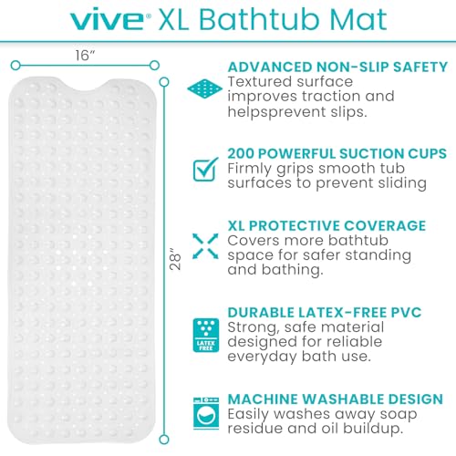 Vive Bathtub Mat for Bath & Shower Floors - Anti Non Slip Suction Rubber | Skid Pad for Tub, Bathroom, Elderly, Kids - Eco-Friendly, Resistant Strong, Textured Rectangle Grip - Machine Washable - color: Clear