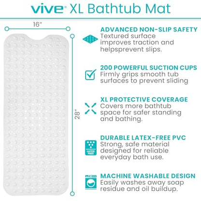 Vive Bathtub Mat for Bath & Shower Floors - Anti Non Slip Suction Rubber | Skid Pad for Tub, Bathroom, Elderly, Kids - Eco-Friendly, Resistant Strong, Textured Rectangle Grip - Machine Washable - color: Clear