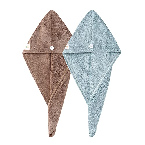 M-bestl 2 Pack Hair Drying Towels, Hair Wrap Towels,Absorbent Microfiber Hair Towel Turban with Button Design to Dry Hair Quickly(Star Green&Camel) - color: Star Green&camel