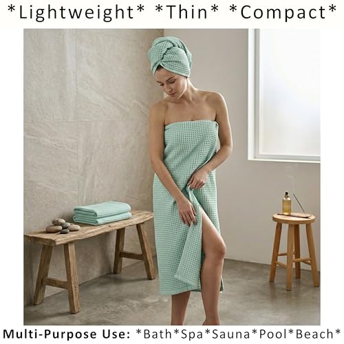 PÜSKÜL Natural 100% Turkish Cotton Waffle Towels Set of 4-Piece, Ice Green | 2-Bath sheet (Extra-large 32x63") and 2-Hand towel (Large 32x16"). Premium honeycomb-waffle weave, oeko-tex made in Turkiye. - color: Ice Green
