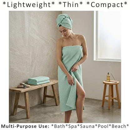 PÜSKÜL Natural 100% Turkish Cotton Waffle Towels Set of 4-Piece, Ice Green | 2-Bath sheet (Extra-large 32x63") and 2-Hand towel (Large 32x16"). Premium honeycomb-waffle weave, oeko-tex made in Turkiye. - color: Ice Green