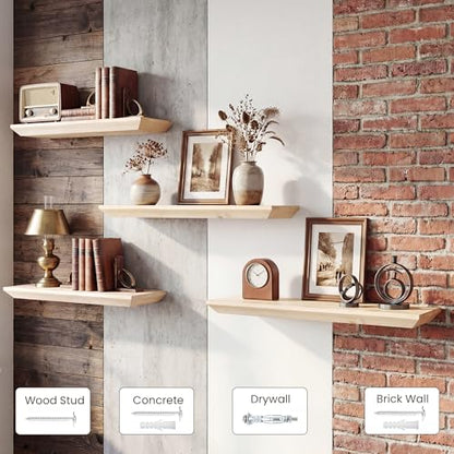 Acovy 24in Solid Spruce Wood Floating Shelves with Beveled Bottom Edges, Wooden Floating Shelf with Heavy-Duty Bracket for Living Room Bathroom Bedroom Kitchen, Rustic Natural, DIY Available, 2 Packs - color: Rustic Natural, size: 24"-2 Packs