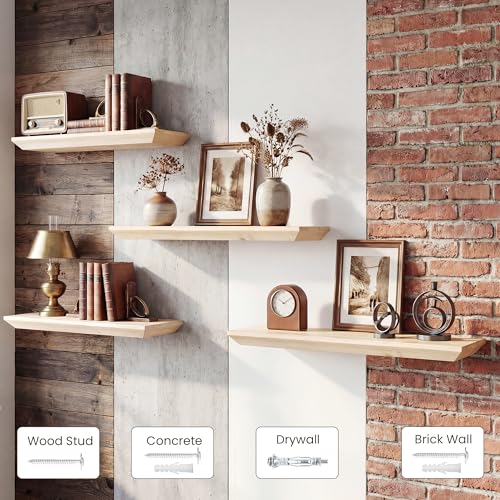 Acovy 48in Solid Spruce Wood Floating Shelves with Beveled Bottom Edges, Wooden Floating Shelf with Heavy-Duty Bracket for Living Room Bathroom Bedroom Kitchen, Rustic Natural, DIY Available, 2 Packs - color: Rustic Natural, size: 48"-2 Packs