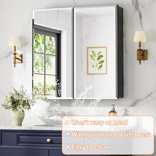 30x30 Inch Medicine Cabinet with Beveled Mirror, Aluminum Medicine Cabinet | Double Side Mirror Door, Adjustable Shelves, Soft-close Hinge, Surface or Recessed Mount Bathroom Mirrors with Storage - size: 30 in. x 30 in.