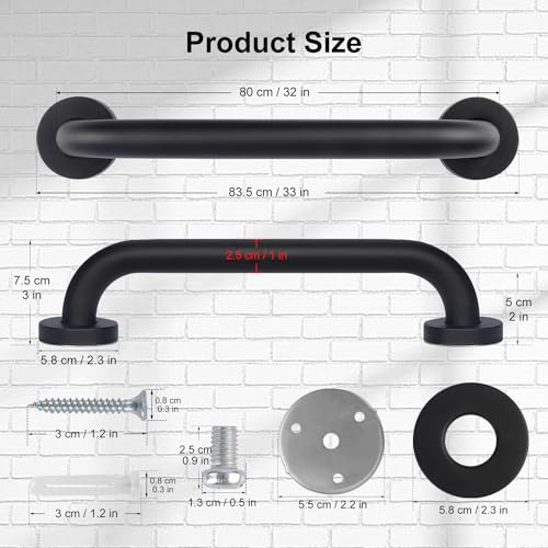 supregear Grab Bars for Bathroom, 32 Inch Length Black Shower Safety Grab Bar, 1 Inch Diameter 201 Stainless Steel Anti-Slip Handle for Senior, Elderly, Handicap - size: 32 inch