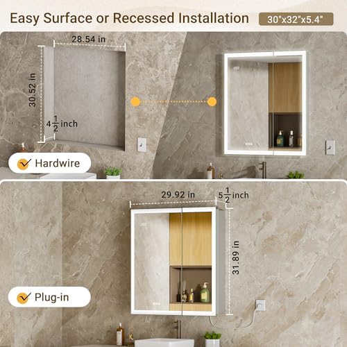 30x32 LED Medicine Cabinet Mirror with Double Lights-Front & Backlit, 155°Soft-close Hinge, Surface or Recessed Dimmable Lighted Medicine Cabinet Mirror with Clock Outlet Inner Light,Anti-fog - size: 30x32'' (Cabinet)