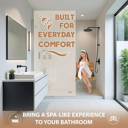 Teak Shower Seat - Contour Wood / Folding Wall Mount Bench for Inside Shower / ADA Safety Assist / 304 Stainless Steel / Matte Black / 26" x 16" - color: Matte Black, Teak, size: 26" x 16"