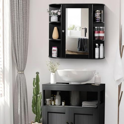 Iwell Bathroom Medicine Cabinet with Mirror, Wall Cabinet with 2 Adjustable Shelves & 6 Open Shelves, Bathroom Cabinet Wall Mounted, Over The Toilet Space Saver Storage Cabinet, Black - color: Black With Mirror