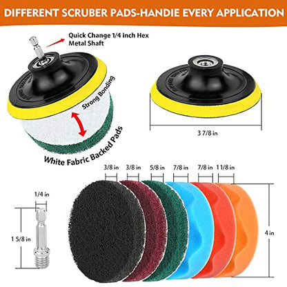 Drill Brush Attachments 20 PCS Scrub Pads & Sponge Power Scrubber Brush with Extend Long Rod All Purpose for Grout, Bathroom Surface, Sinks, Corner, Car Detailing, Carpet, Floor, Laundry Room Cleaning
