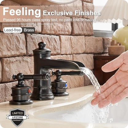 Oil Rubbed Bronze Bathroom Faucet, Brass Waterfall Faucet Widespread Bathroom Sink Faucet 3 Hole, 4-16 Inch Bathroom Faucets with Pop Up Drain 2 Handle & Supply Hose for Hotel Farmhouse Antique - color: Oil Rubbed Bronze - Farmhouse