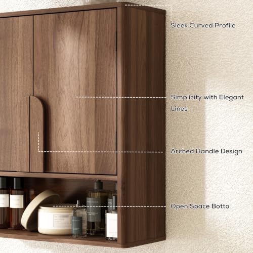 RUSTOWN Wall Mounted Bathroom Cabinets with Rounded Edges & Curved Handles | Adjustable Shelf, 3-Tier Over The Toilet Storage Cabinets, Modern Medicine Cabinet for Laundry Kitchen Living Room - color: Dark Walnut