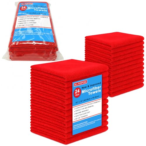 Blue Horizon Microfiber Cleaning Towels, Pack of 24, Ultra Soft Plush Washcloth, All Purpose Premium Microfiber Detailing Cleaning Cloths Reusable Shop Towels (16" x 16", Red) - color: Red