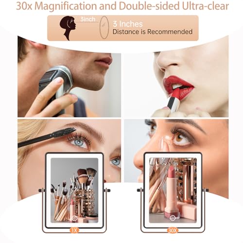 FASCINATE 8.7" 5000mAh Rechargeable Wall Mounted Makeup Mirror (Bronze) | Double Sided 1X 30X Rectangle Wall Mounted Magnifying Mirror with Light, 3 Color Setting, Extended Arm 360° Foldable - color: Bronze a