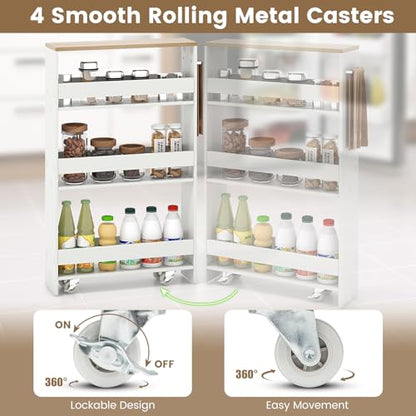 COSTWAY Slim 4-Tier Rolling Utility Cart, Wooden Shelving Unit with Handle & Wheels, Ideal for Small Spaces - color: White