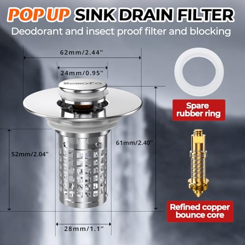 Bathroom Sink Drain Strainer, Stainless Steel Pop-up Strainer Basket Hair Catcher with Removable Basket, Brass Bullet Core, Universal Fit 1.1-2.36 Inch (1PCS)