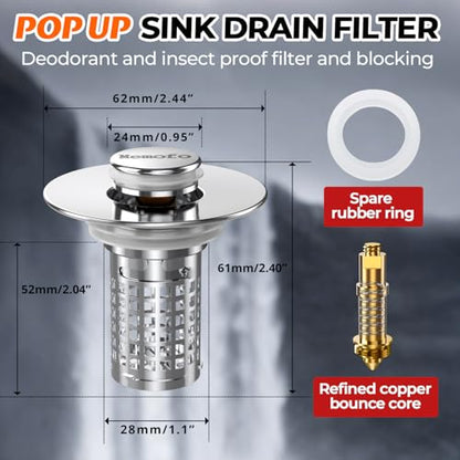 Bathroom Sink Drain Strainer, Stainless Steel Pop-up Strainer Basket Hair Catcher with Removable Basket, Brass Bullet Core, Universal Fit 1.1-2.36 Inch (1PCS)