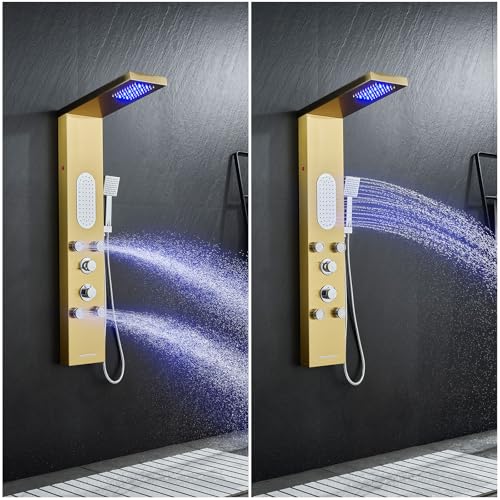 5-Jet LED Shower Panel Tower System Stainless Steel Brushed Gold | Rainfall head | 5 body jets | Handheld shower | LED lights | Brushed gold finish | Wall mount - color: Gold