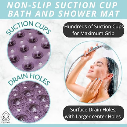 ENKOSI Non-Slip Bath & Shower Mat 40x16 Extra Long, Suction & Drain Holes | Purple color; Durable PVC; 40x16 in, Purple - color: Purple