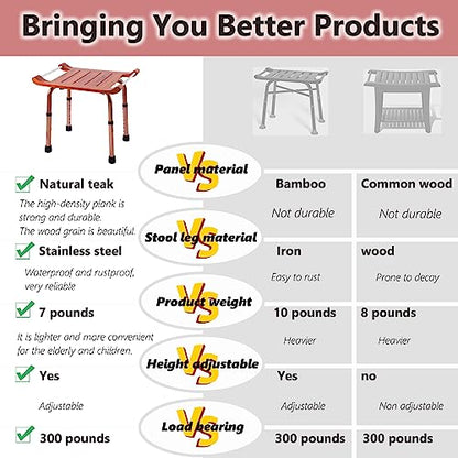 Teak Shower Bench with Handles, Shower Chair for Inside Shower, Height Adjustable Stool, Attached Shower Head Holder Skid pad, Supports Up to 300 Lbs Both Indoor and Outdoor use