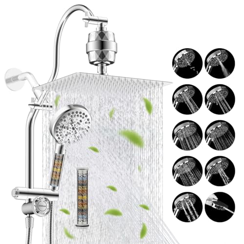 Hibbent 12" Dual Filtered 10" Rainfall Shower Head with Handheld 10-Spray | High Pressure Metal Chrome Showerhead Combo with Filter, 4-way Diverter with Pause Mode, Extension Arm, 71'' Hose & Holder - color: Chrome, style: Square 12" with filter