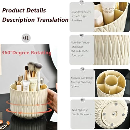 360° Rotating Makeup Brush Holder, 5-Slot Vanity Organizer Beige | Stores Lipsticks, Pens & Pencils; Cute Caddy For Office, Art & Desk - color: Beige