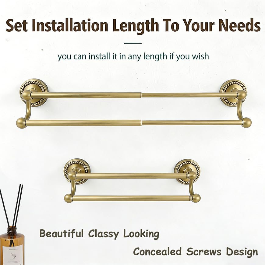 Adjustable Double Towel Bar, Antique Brass Wall Mount Towel Rack | Fits 16.4 to 27.8 Inch Wall Space, Heavy Duty Rustproof Towel Holder for Bathroom & Kitchen - color: Double Towel Bar