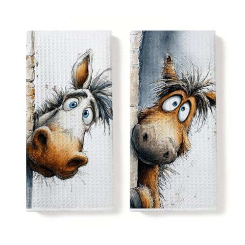 2 Pcs Funny Horse Kitchen Towels, Horse Gifts Reusable Hand Towel | Horse Decorative Waffle Dish Towels for Kitchen Home Bathroom Decor, Animal Horse Gifts for Women Girls Mom 14x24 Inch - color: Multi 0784