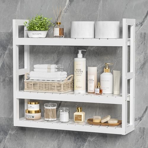 Domax Bathroom Shelves Over Toilet Storage - 3 Tier Wall Mounted Bamboo Bathroom Shelf Organizer Multifunctional Adjustable Layer Free Standing Utility Shelves for Bathroom Living Room Kitchen, White - color: White