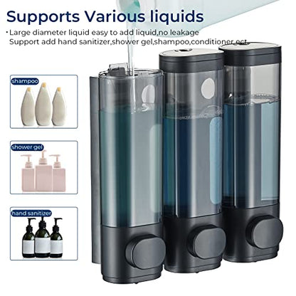 Pollock Shampoo and Conditioner Dispenser Wall Mounted | Shower Soap Dispenser 2 Chamber No Drill, Shampoo Dispenser for Shower, Body Wash Dispenser for Bathroom, Large Capacity - color: Black 3 Chamber
