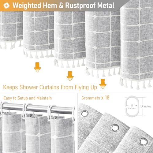108x72 Boho Farmhouse Linen Heavy Duty Shower Curtain Set, Gray/Grey | Extra Wide Size, 330GSM Linen Blend, 3-side Tassels, Waterproof Fabric, 18 Plastic Hooks, Rustic Bohemian, Machine Washable - color: Grey, size: 108"W x 72"L (Pack of 1)