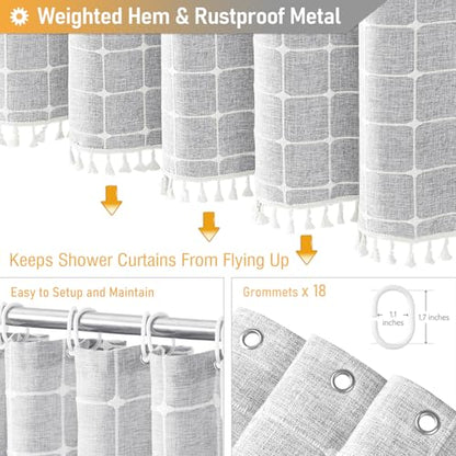 108x72 Boho Farmhouse Linen Heavy Duty Shower Curtain Set, Gray/Grey | Extra Wide Size, 330GSM Linen Blend, 3-side Tassels, Waterproof Fabric, 18 Plastic Hooks, Rustic Bohemian, Machine Washable - color: Grey, size: 108"W x 72"L (Pack of 1)