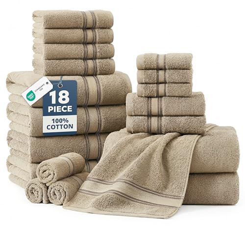 LANE LINEN Bathroom Towel Set 18 Piece Soft Absorbent Quick Dry - Taupe | Set Of Towels - Coordinated Colors, Everyday Durability, OEKO-TEX Certified, Zero-Twist Durability - color: 08: Taupe, size: 18 Piece Towel Set