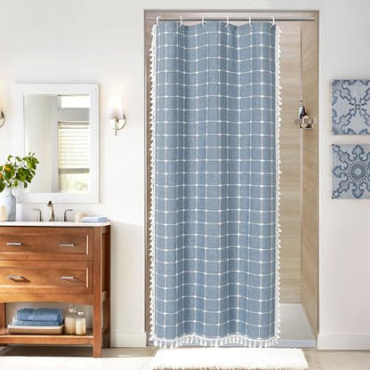 Boho Farmhouse Classic Plaid Linen Tassel Shower Curtain Blue,36x72 | Small Stall Half Size,310GSM Linen Blend Heavy Duty Cloth,3-side Tassels,Wrinkle Resistant,Rustic Bohemian Country design - color: Blue, size: 36"W x 72"L (Pack of 1)