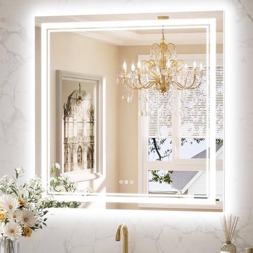 Keonjinn 36" x 36" LED Bathroom Mirror with Lights, HD Tempered Glass | Frontlit and Backlit, Separately Frontlit/Backlit, Double Light Strips, Stepless 3 Colors Light & Dimmable, Fast Defogging - size: 36"L x 36"W