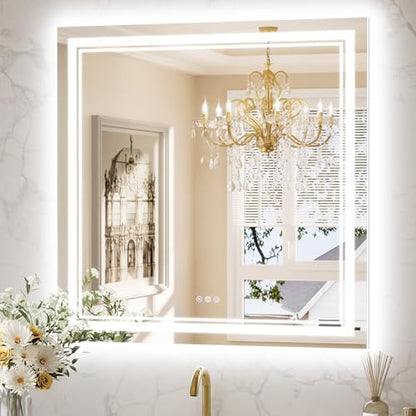 Keonjinn 36" x 36" LED Bathroom Mirror with Lights, HD Tempered Glass | Frontlit and Backlit, Separately Frontlit/Backlit, Double Light Strips, Stepless 3 Colors Light & Dimmable, Fast Defogging - size: 36"L x 36"W