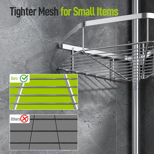 LAMU Corner Shower Caddy Tension Pole, 4-Tier Stainless Steel Organizer | Fits 38-124in Heights, Shower Shelves with No Drilling & Strong Spring Tension, Holds Up to 26lbs, Bathroom, Bathtub, Dorm