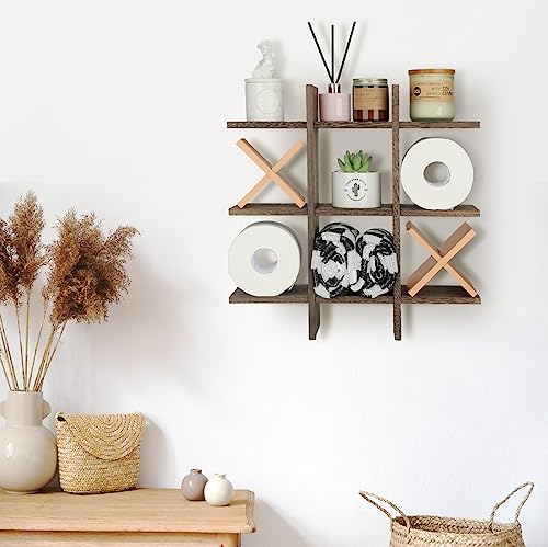 Weysat Tic Tac Toe Toilet Paper Holder Stand Bathroom Wall Decor Rustic Wooden Hanging Storage Freestanding Wall Mounted Shelves Decor for Toilet Tissue Farmhouse