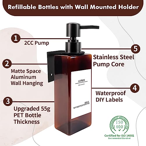 Shampoo and Conditioner Dispenser, No Drill, 16 Waterproof Labels | Shampoo Dispenser for Shower Wall, Shower Soap Dispenser Wall Mounted 3 Chamber, Bathroom, 17oz, Black Amber - color: Amber Bottle + Black Pump