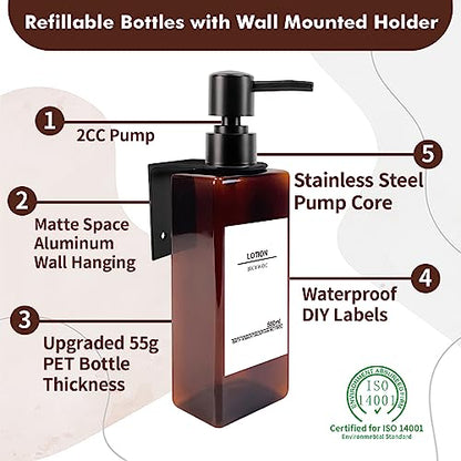 Shampoo and Conditioner Dispenser, No Drill, 16 Waterproof Labels | Shampoo Dispenser for Shower Wall, Shower Soap Dispenser Wall Mounted 3 Chamber, Bathroom, 17oz, Black Amber - color: Amber Bottle + Black Pump