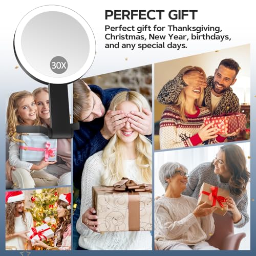 Lighted Makeup Mirror, 30X Magnifying Mirror with Light, Hanging and Handheld Mirror with Handle,Black - color: Black