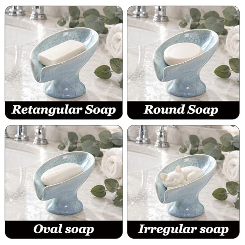 Ceramic Drain Soap Dish - Glacier Blue Leaf Self Draining Bar Soap Holder, Colorfast Stain Resistant Soap Saver for Bathroom & Kitchen, Shower, Sink, Easy Clean