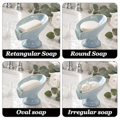 Ceramic Drain Soap Dish - Glacier Blue Leaf Self Draining Bar Soap Holder, Colorfast Stain Resistant Soap Saver for Bathroom & Kitchen, Shower, Sink, Easy Clean