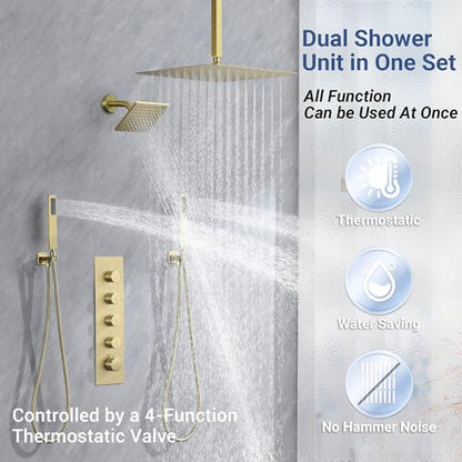Thermostatic Dual Rianfall Shower System with 6+16-Inch Shower Heads, Ceiling Mount Full Body Rain Shower Faucet Set with Double High Pressure HandHeld Sprayer for 2-Person (Brushed Gold) - color: Brushed Gold
