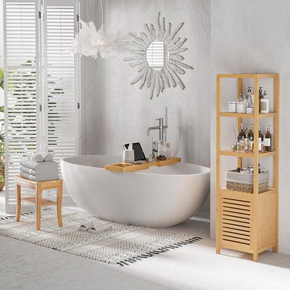 HOMCOM Long Bamboo Shower Bench Seat, 20" Tall Wooden Spa Shower Stool | Underneath Storage Shelf, Shoe Organizer