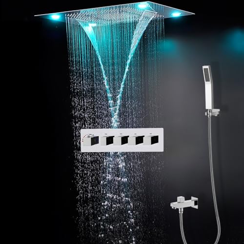 Cascada Classic Design 31 Inch (600mmx800mm) Large Rain Shower Set with Waterfall LED Rectangle recessed ceiling-mount 4 Function shower head (Polished Chrome) - color: Polished Chrome