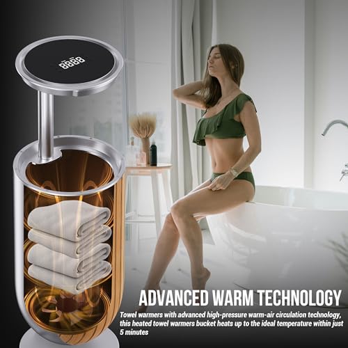 27L Large Towel Warmer Bucket Dryer – Rapid Heating with Automatic Lift Cover, Negative Ion Freshening, 4 Heat Settings & Aromatherapy – Perfect for Towels, Blankets & Bathrobes (Silver) - color: Silver (Auto Lift)