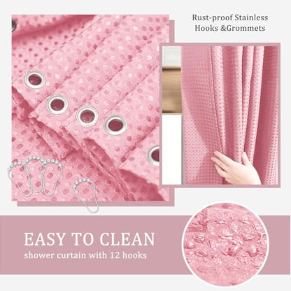 CERBIOR Bamboo Bathroom Accessory Set with Shower Curtain,Pink,20PCS | Spiral Set Includes Shower Curtain,Soap Dispenser, Toothbrush Holder, Toothbrush Cup, Soap Dish for Decorative and House Gift - size: Bath Set+Shower Curtain, style: Pink